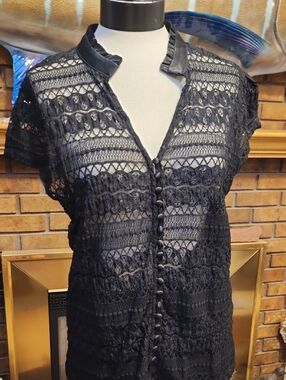 Alfani Black Lace Button-Down Size XL Blouse Whimsigoth Goth Sheer Sexy Feminine